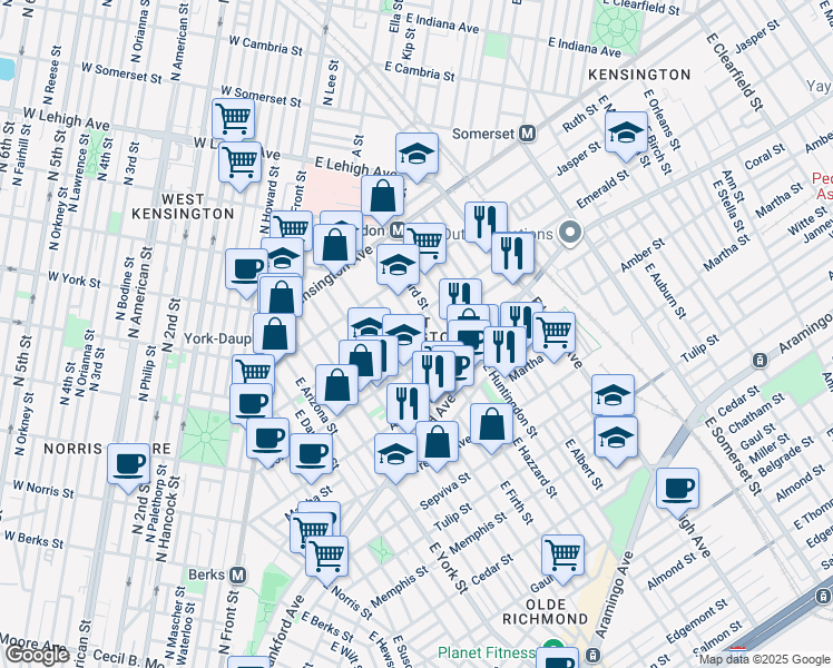 map of restaurants, bars, coffee shops, grocery stores, and more near 2012 East Sergeant Street in Philadelphia
