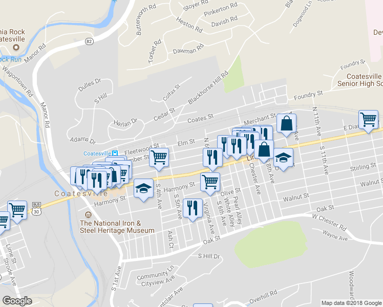 map of restaurants, bars, coffee shops, grocery stores, and more near 559 East Chestnut Street in Coatesville