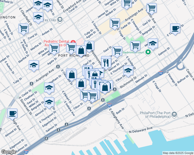 map of restaurants, bars, coffee shops, grocery stores, and more near 2630 East Madison Street in Philadelphia
