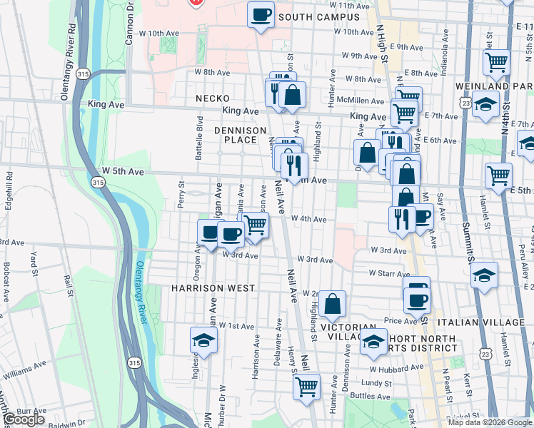 map of restaurants, bars, coffee shops, grocery stores, and more near 312 West 4th Avenue in Columbus