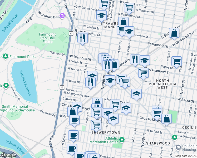 map of restaurants, bars, coffee shops, grocery stores, and more near 2915 West Sedgley Avenue in Philadelphia