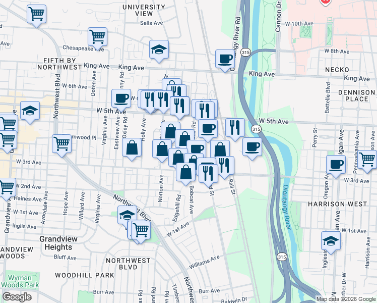 map of restaurants, bars, coffee shops, grocery stores, and more near 1295 Edgehill Road in Columbus