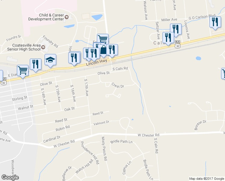 map of restaurants, bars, coffee shops, grocery stores, and more near 206 Andrew Road in Coatesville