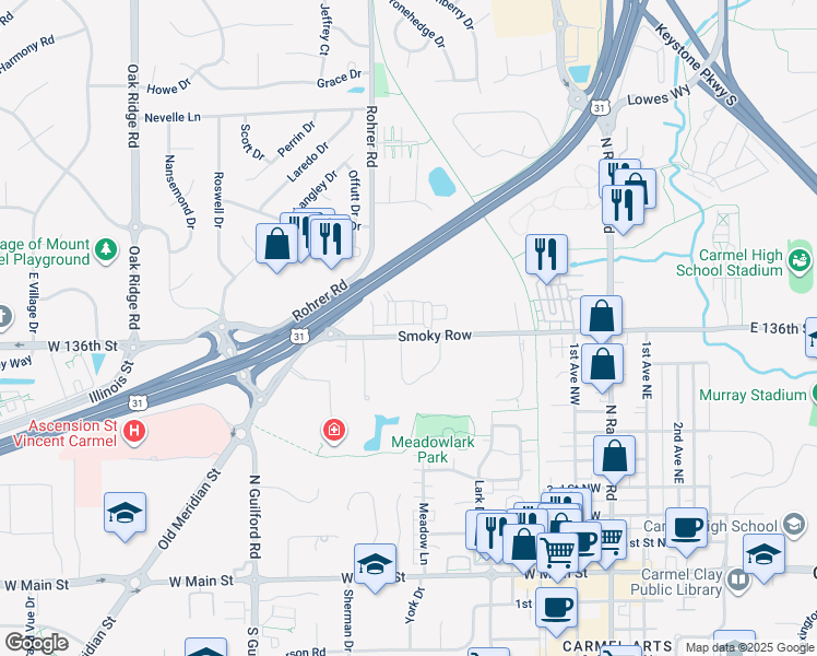 map of restaurants, bars, coffee shops, grocery stores, and more near 444 Smoky Row in Carmel