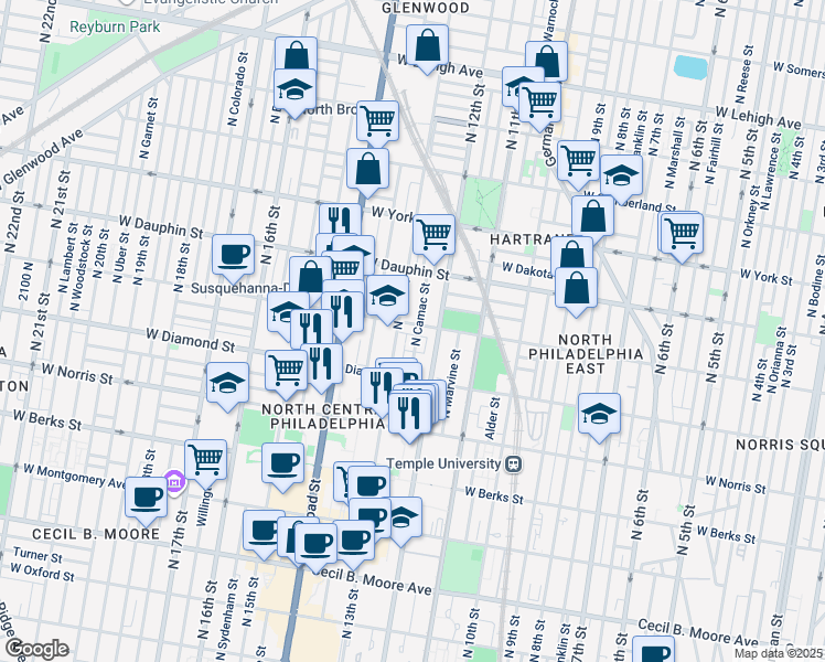 map of restaurants, bars, coffee shops, grocery stores, and more near 1218 W Susquehanna Ave in Philadelphia
