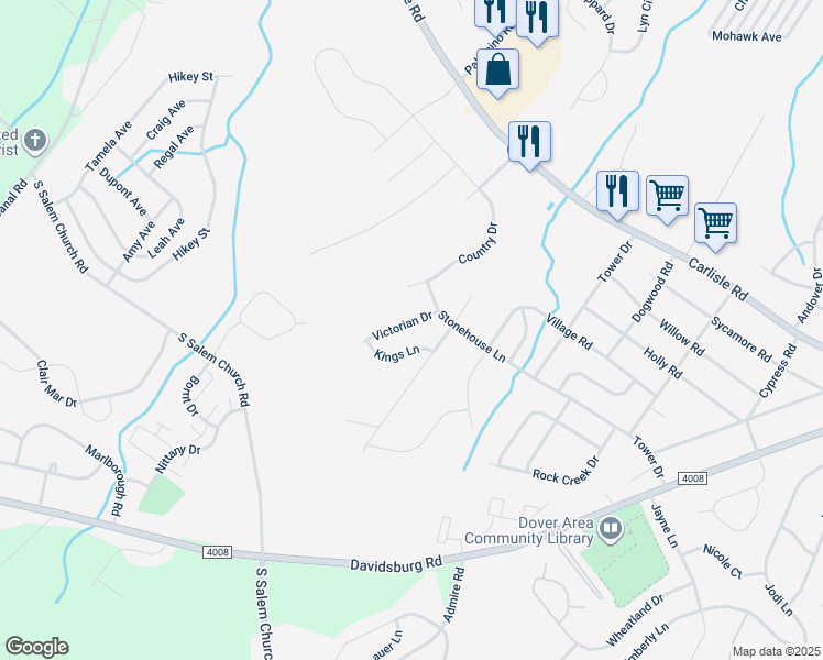 map of restaurants, bars, coffee shops, grocery stores, and more near 2638 Victorian Drive in Dover