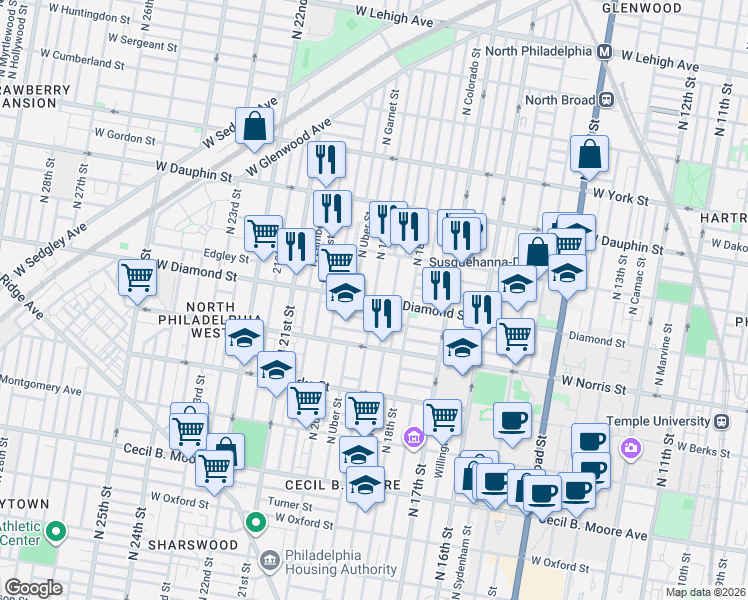 map of restaurants, bars, coffee shops, grocery stores, and more near N 19th St & West Diamond street in Philadelphia