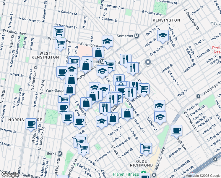map of restaurants, bars, coffee shops, grocery stores, and more near 2033 East Sergeant Street in Philadelphia