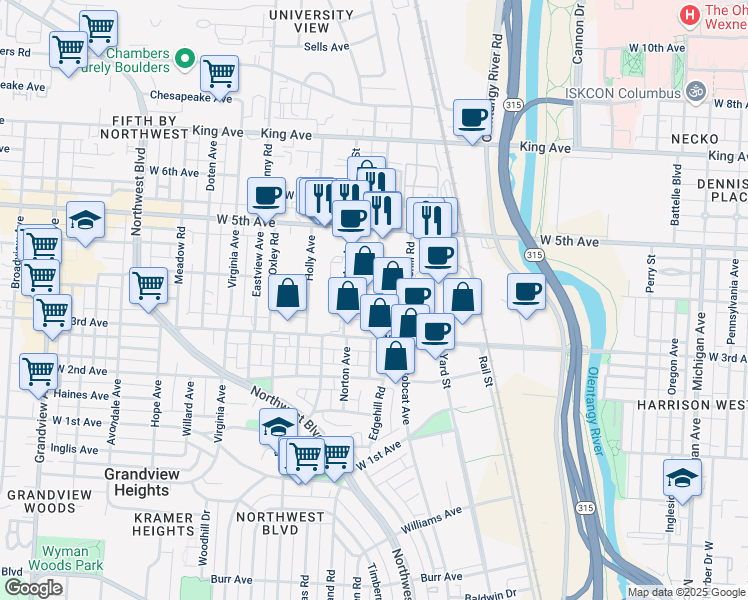 map of restaurants, bars, coffee shops, grocery stores, and more near 1310 Norton Avenue in Columbus