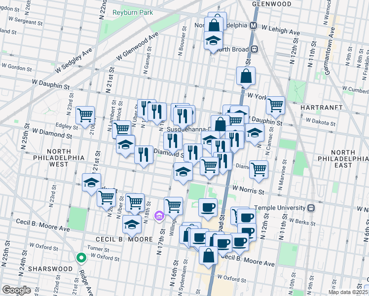 map of restaurants, bars, coffee shops, grocery stores, and more near in Philadelphia