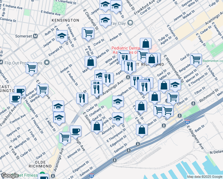 map of restaurants, bars, coffee shops, grocery stores, and more near 2347 Ann Street in Philadelphia