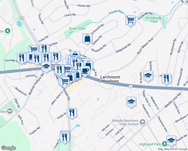 map of restaurants, bars, coffee shops, grocery stores, and more near 3501 West Chester Pike in Newtown Square