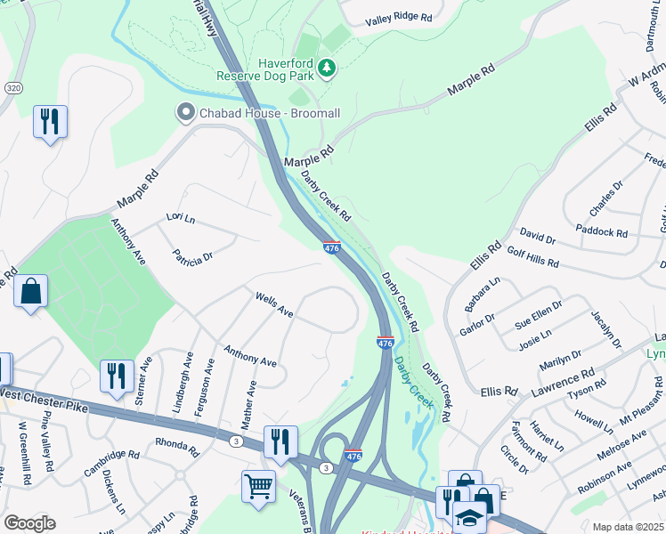 map of restaurants, bars, coffee shops, grocery stores, and more near 213 Lindbergh Avenue in Broomall