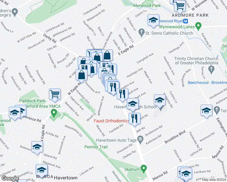 map of restaurants, bars, coffee shops, grocery stores, and more near 2029 East Darby Road in Havertown