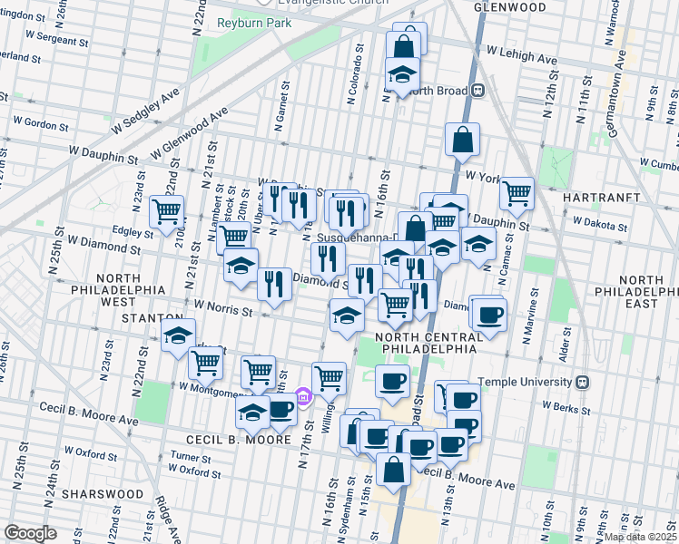 map of restaurants, bars, coffee shops, grocery stores, and more near 2107 North 17th Street in Philadelphia