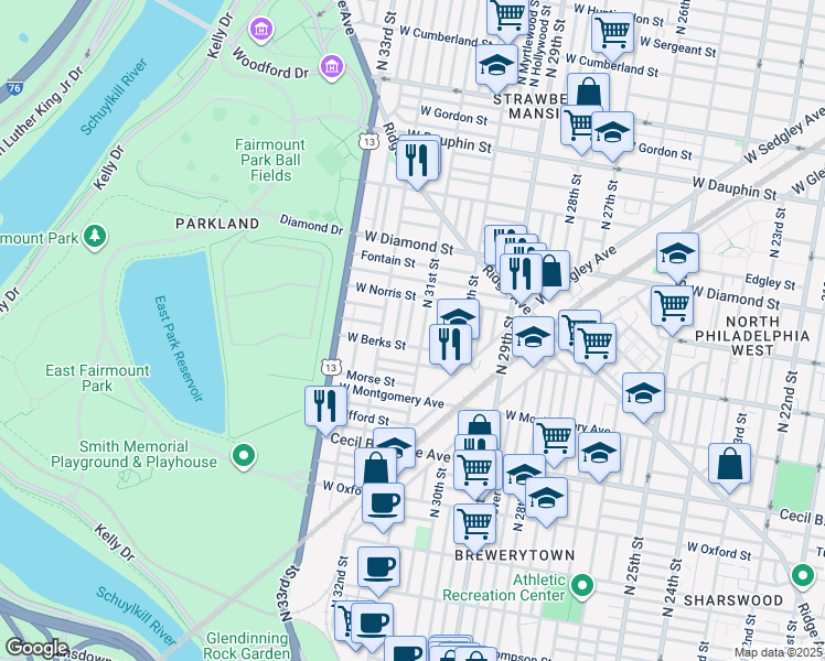 map of restaurants, bars, coffee shops, grocery stores, and more near 1921 North Napa Street in Philadelphia