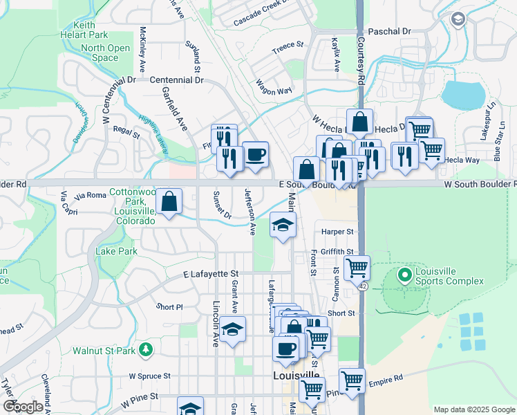 map of restaurants, bars, coffee shops, grocery stores, and more near 1602 Circle Drive in Louisville