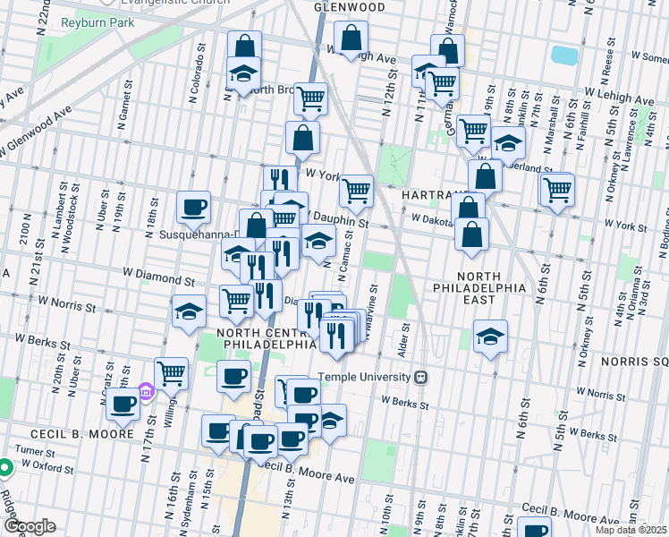map of restaurants, bars, coffee shops, grocery stores, and more near 1224 West Susquehanna Avenue in Philadelphia