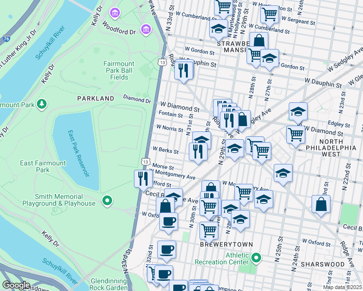 map of restaurants, bars, coffee shops, grocery stores, and more near 1921 North Napa Street in Philadelphia