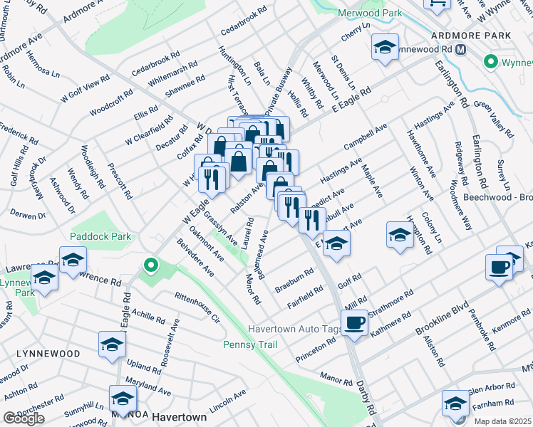 map of restaurants, bars, coffee shops, grocery stores, and more near 8 West Benedict Avenue in Havertown