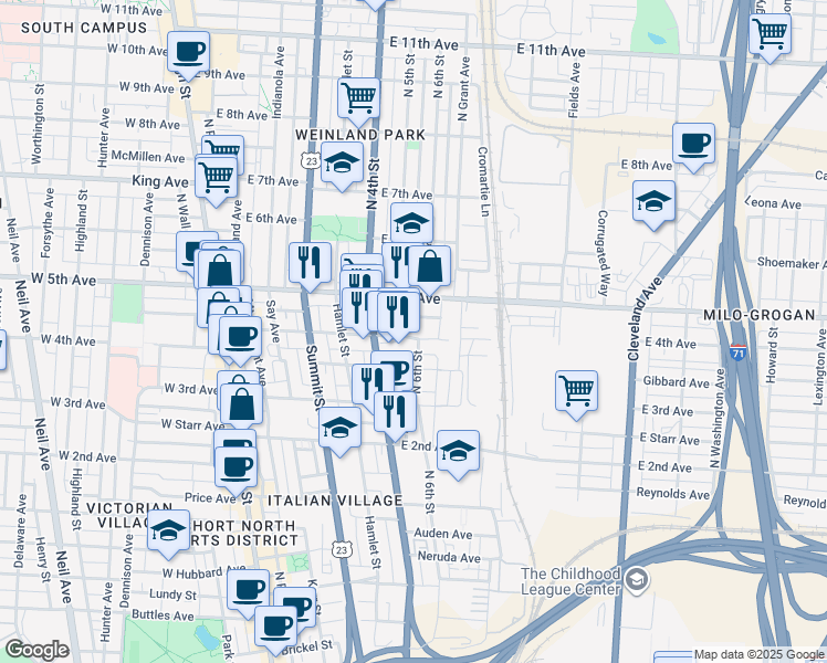 map of restaurants, bars, coffee shops, grocery stores, and more near 1086 North 4th Street in Columbus