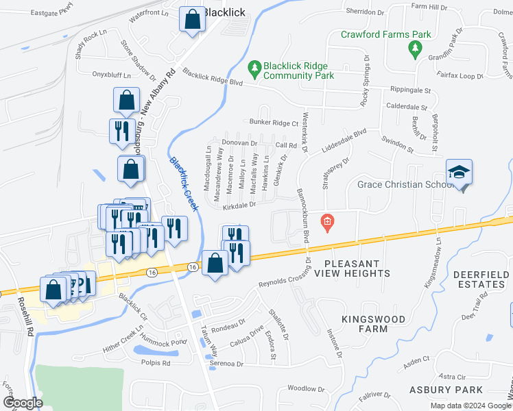 map of restaurants, bars, coffee shops, grocery stores, and more near 7423 Kirkdale Drive in Blacklick