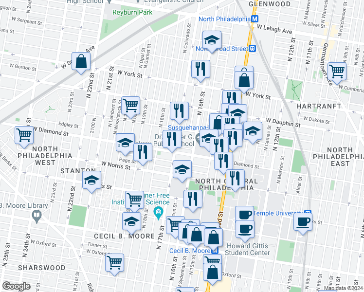 map of restaurants, bars, coffee shops, grocery stores, and more near 1634 Edgley Street in Philadelphia