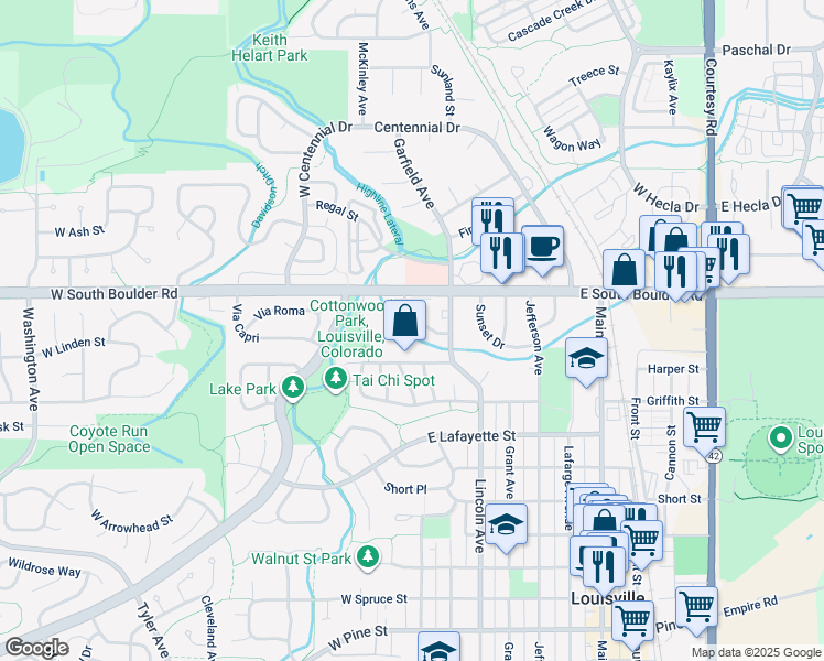map of restaurants, bars, coffee shops, grocery stores, and more near 1607 Cottonwood Drive in Louisville