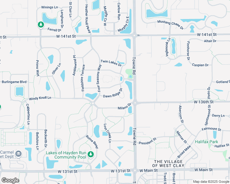 map of restaurants, bars, coffee shops, grocery stores, and more near 2535 Dawn Ridge Drive in Westfield