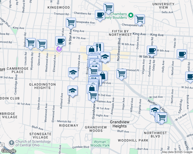 map of restaurants, bars, coffee shops, grocery stores, and more near 1370 Grandview Avenue in Columbus