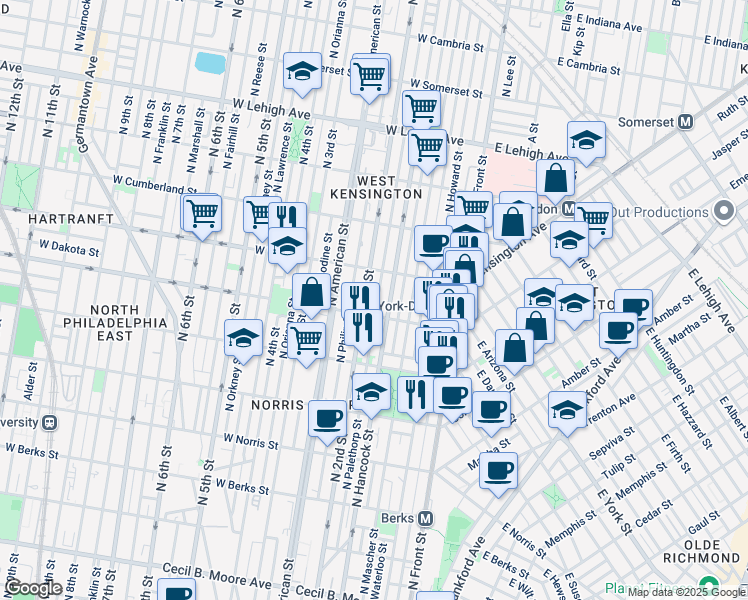 map of restaurants, bars, coffee shops, grocery stores, and more near 2318 North Palethorp Street in Philadelphia