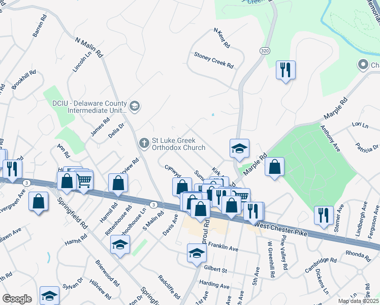 map of restaurants, bars, coffee shops, grocery stores, and more near 2644 Kirk Avenue in Broomall