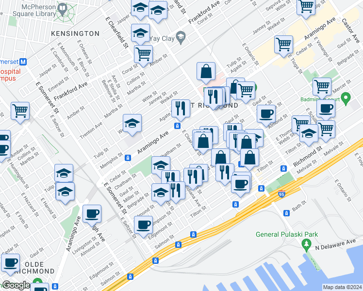 map of restaurants, bars, coffee shops, grocery stores, and more near 3065 Chatham Street in Philadelphia