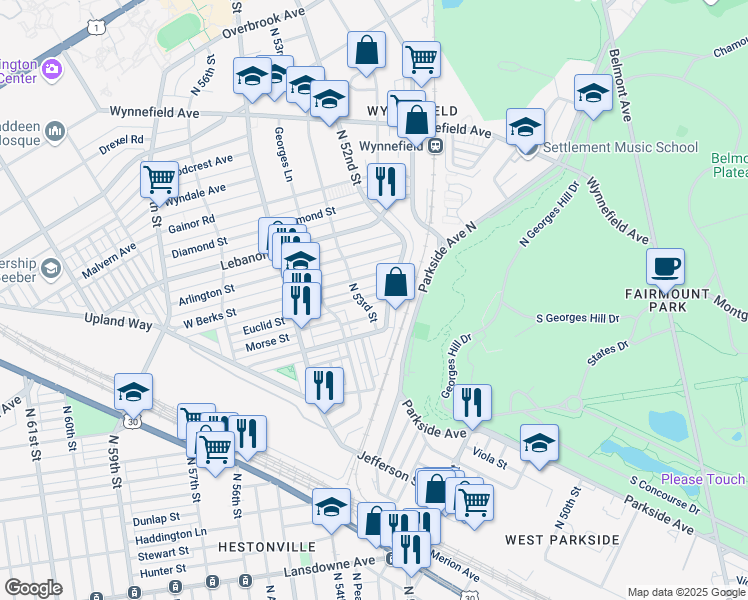 map of restaurants, bars, coffee shops, grocery stores, and more near 5216 Euclid Street in Philadelphia
