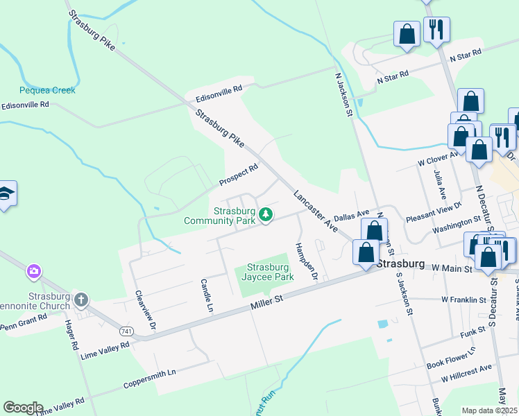 map of restaurants, bars, coffee shops, grocery stores, and more near 8 David Bair Circle in Strasburg
