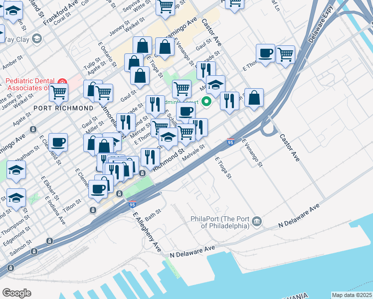 map of restaurants, bars, coffee shops, grocery stores, and more near 3421 Richmond Street in Philadelphia