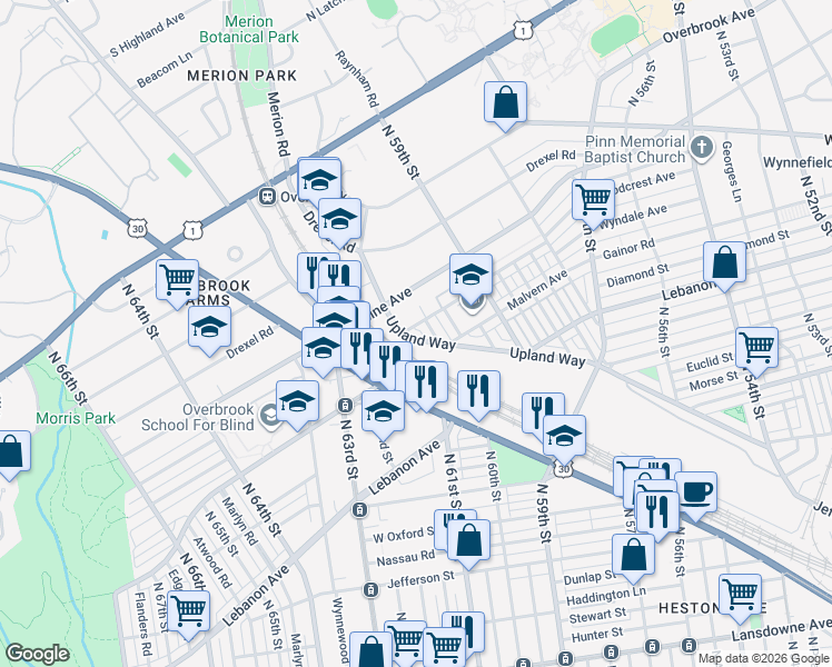 map of restaurants, bars, coffee shops, grocery stores, and more near 5961 Upland Way in Philadelphia