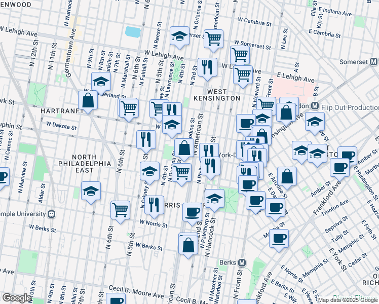 map of restaurants, bars, coffee shops, grocery stores, and more near 2329 North Palethorp Street in Philadelphia