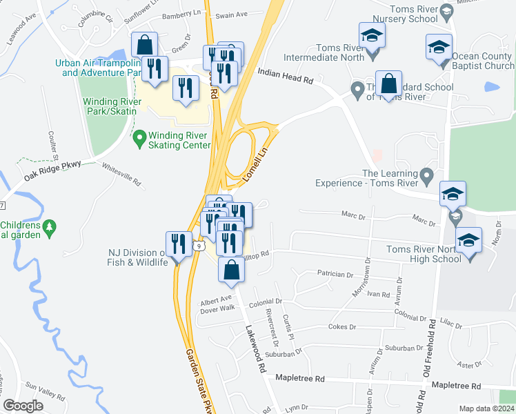 map of restaurants, bars, coffee shops, grocery stores, and more near 1255 New Jersey 166 in Toms River