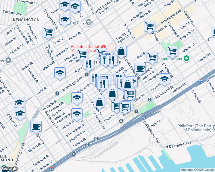 map of restaurants, bars, coffee shops, grocery stores, and more near 3142 Belgrade Street in Philadelphia