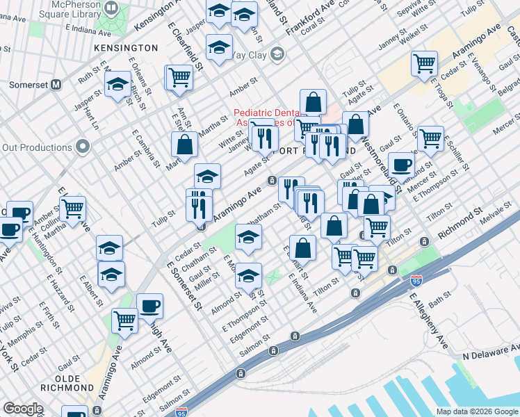 map of restaurants, bars, coffee shops, grocery stores, and more near 3060 Chatham Street in Philadelphia