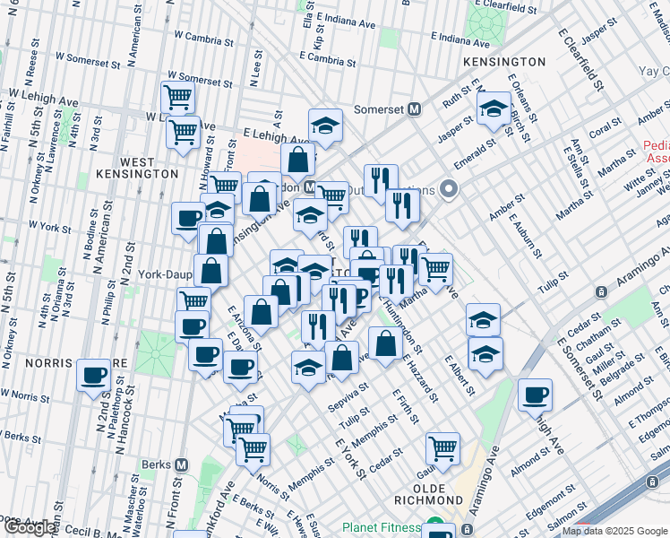 map of restaurants, bars, coffee shops, grocery stores, and more near 2033 East Sergeant Street in Philadelphia