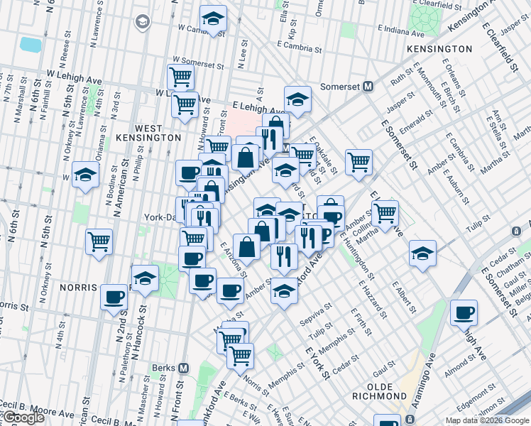 map of restaurants, bars, coffee shops, grocery stores, and more near 2444 Emerald Street in Philadelphia