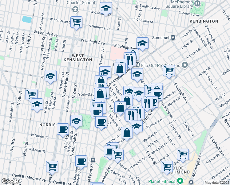 map of restaurants, bars, coffee shops, grocery stores, and more near 2421 Jasper Street in Philadelphia