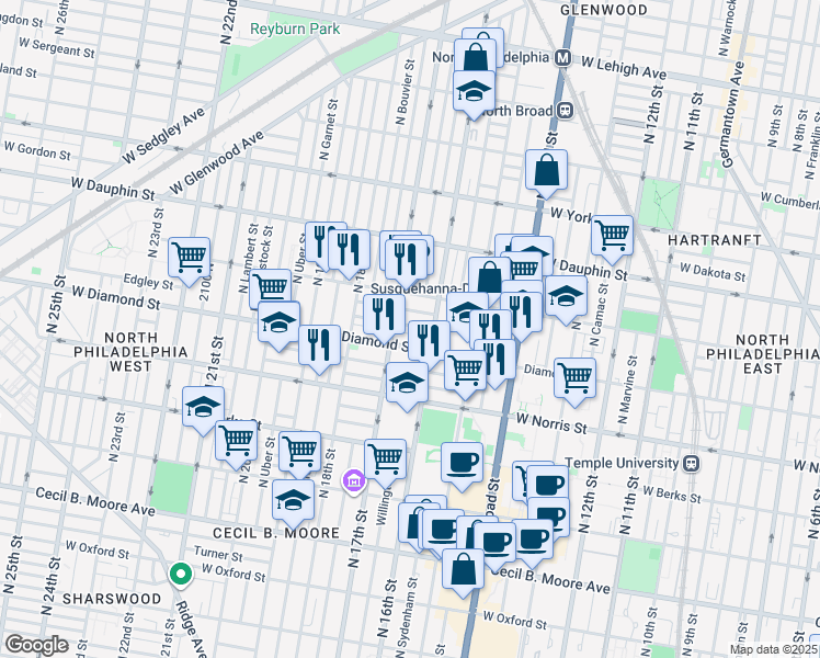 map of restaurants, bars, coffee shops, grocery stores, and more near in Philadelphia
