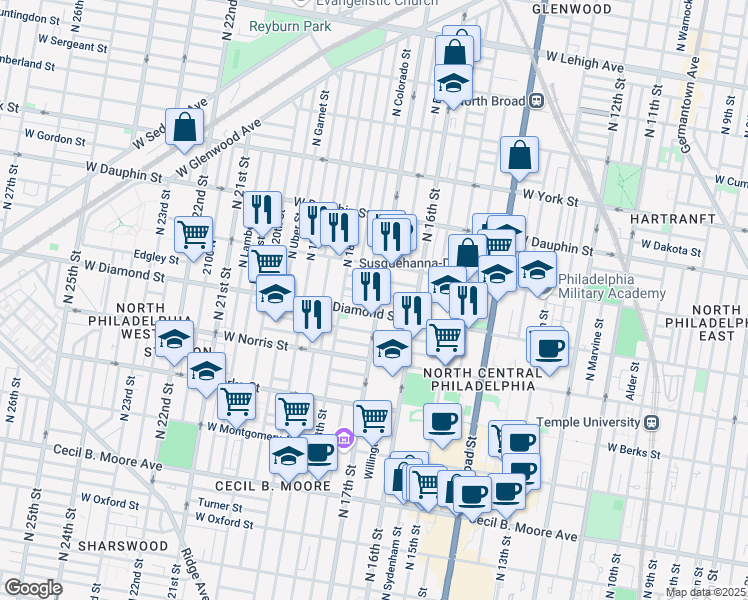 map of restaurants, bars, coffee shops, grocery stores, and more near 1717 Fr. P. Washington Avenue in Philadelphia
