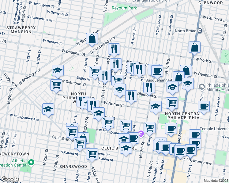 map of restaurants, bars, coffee shops, grocery stores, and more near 2042 North 20th Street in Philadelphia