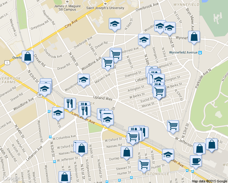 map of restaurants, bars, coffee shops, grocery stores, and more near 5666 Arlington Street in Philadelphia