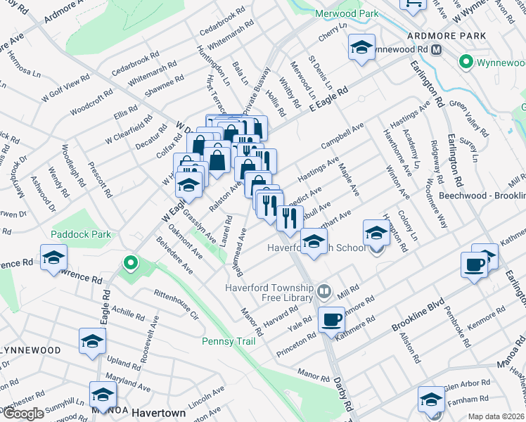 map of restaurants, bars, coffee shops, grocery stores, and more near 8 West Benedict Avenue in Havertown