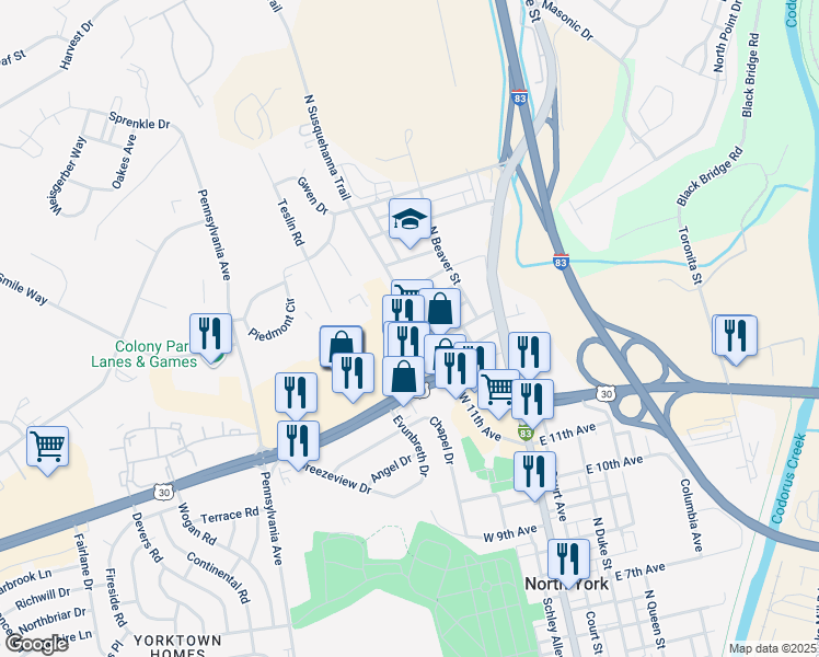 map of restaurants, bars, coffee shops, grocery stores, and more near 1838 North Susquehanna Trail in York